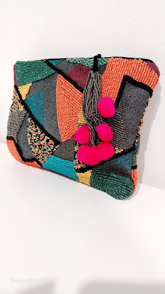 Image 1 of Handmade Beaded Clutch – Colorful Boho Purse with Tassels – Unique Evening BagJulklapp,Christmasgift