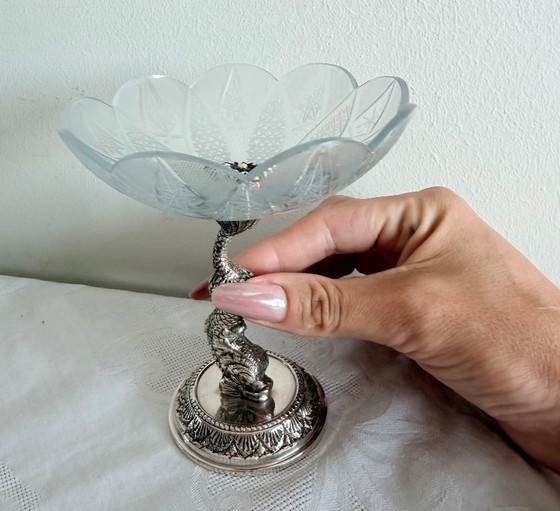 Image 1 of Zeldzame vintage verzilverde kristallen compoteschaal op een zeepaardje-onderzetter met keurmerk.