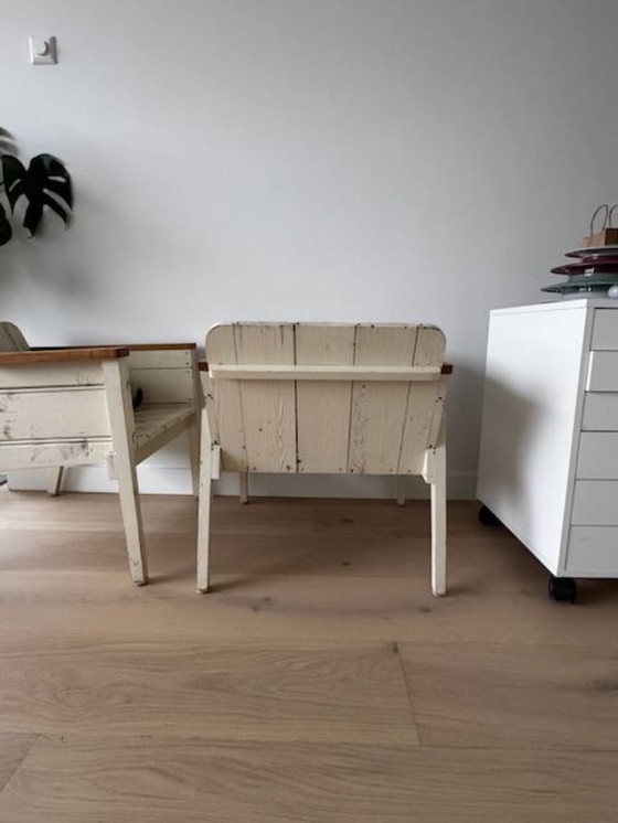 Image 1 of 2 low Piet Hein Eek bucket chairs/armchairs made of reclaimed wood, white
