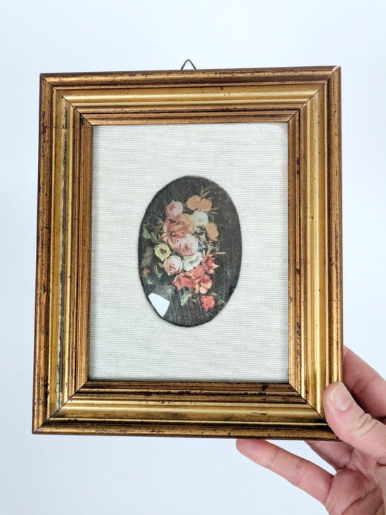 Image 1 of Vintage Floral Bouquet Print with Oval Linen Mat, Gilded Wood Frame, Foiled Shimmer Art