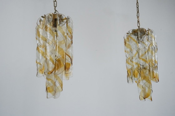 Image 1 of Een paar vintage Torciglione Murano glazen kroonluchters van Mazzega. Italië, jaren 70.