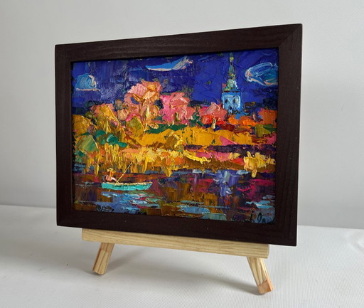 Original Oil Painting Autumn River Landscape Autumn evening by the river