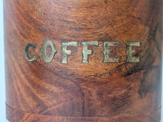 Image 1 of Midcentury Teak Coffee Canister with Brass Inlay Letters, Danish Modern Wooden Storage Jar