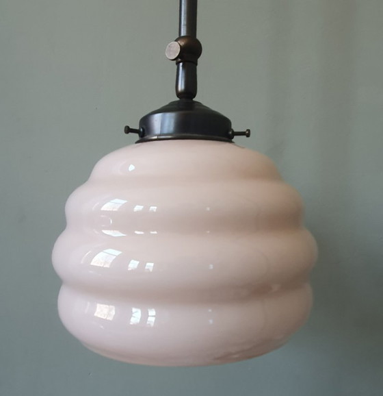 Image 1 of Long Vintage Art Deco Rose Opaline pendant lamp - hanging lamp