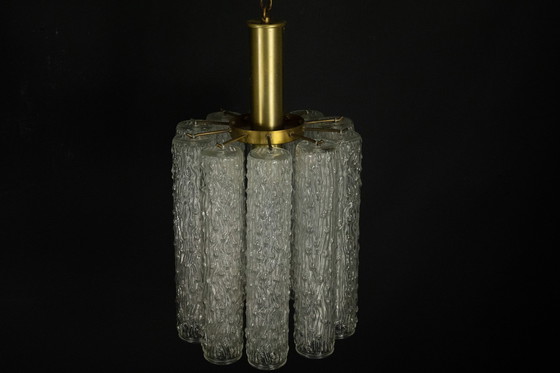 Image 1 of Pair of Murano Glass and Brass Chandeliers in the Style of Toni Zuccheri, Italy 1970s