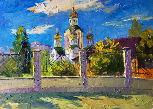 Origineel olieverfschilderij: Stadsgezicht, Tempel, Zonnige Dag van de Kerk