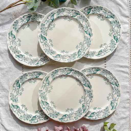 Set of 6 Antique Ironstone Dinner Plates "Lilac" - Longchamp, 19th Century