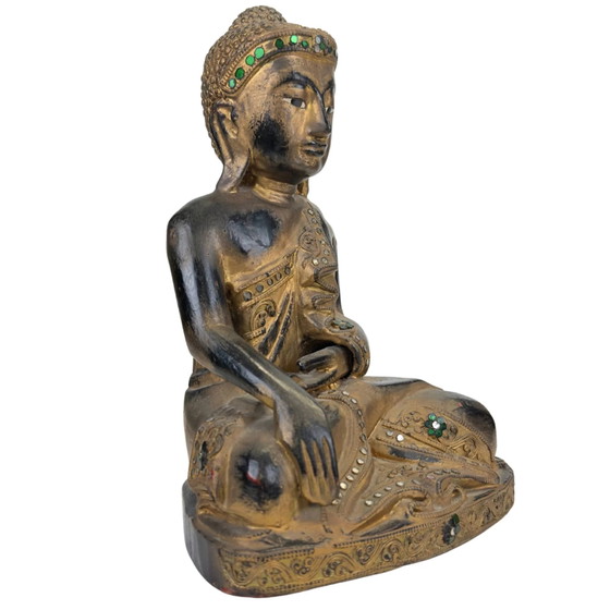 Birmaans verguld houten Boeddha met glasinleg – Mandalay-stijl Myanmar – Beeldhouwkunst, Wood, Gold (photo 2 of 11)