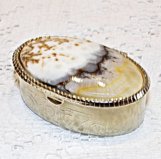 Charming Small Pill Box. Gilded Metal And Stone Box