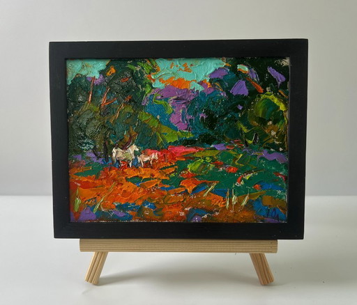 Original Oil Painting Summer Nature Landscape Evening in the Forest – schilderijen tekeningen, Canvas