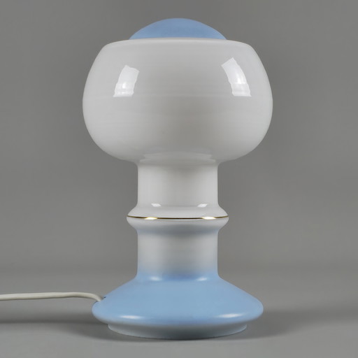 1970s Vintage ROSDALA GLASBRUK Mushroom Glass Table Lamp – Opaline Glass Shade & Blue Detailing – Swedish Space-Age Mood Light.