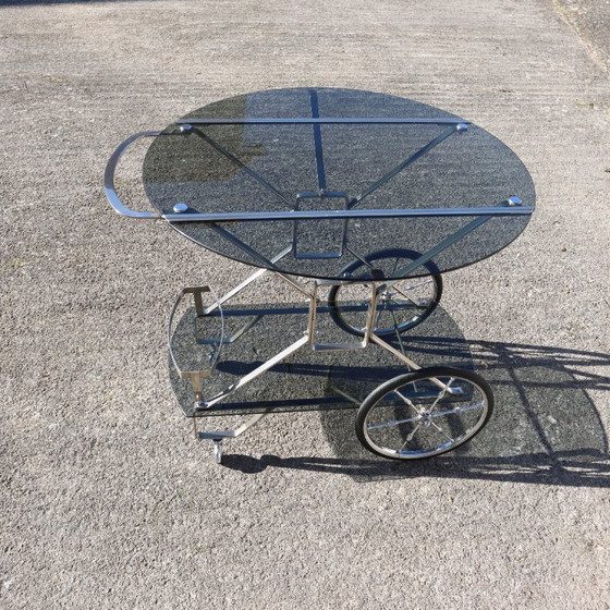Image 1 of French Mid-Century Smoked Glass and Chrome Bar Trolley-Drop Leaf Bar Cart-Vintage Two Tier Dessert-Bar Trolley-60s