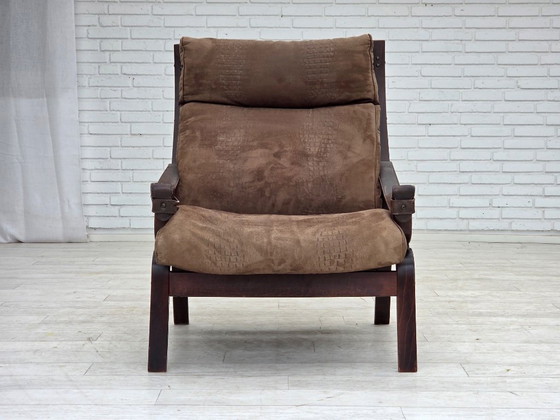 Image 1 of 1970s, Scandinavian lounge chair, nubuck leather, canvas, beech wood.
