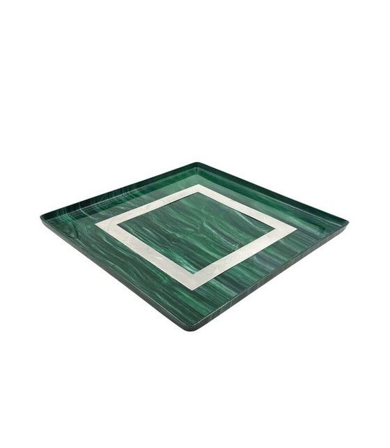 Image 1 of Hollywood Regency dienblad van hars en messing met malachieteffect, Italië, jaren 70.