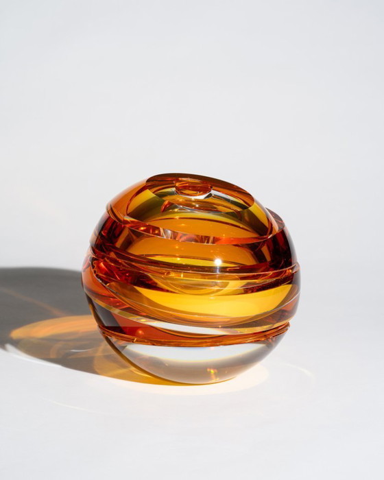 Image 1 of Rosenthal Creative Center "Blockglas" Amber Globe Vase Monumental Optical Glass