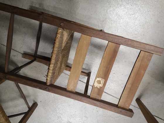 Image 1 of Pair of antique wooden straw-seated armchairs - Authentic country style