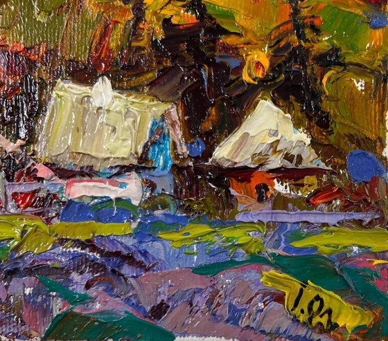 Image 1 of Original Oil Painting Evening Village Landscape The sun is setting