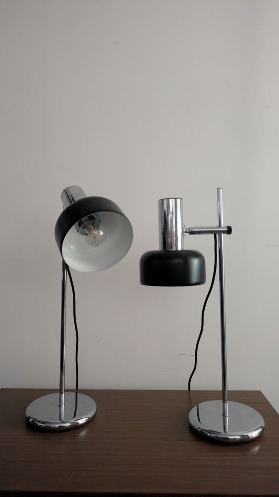 Pair of vintage desk lamps, Metal, Chrome, Black (photo 3 of 10)