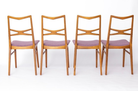 Image 1 of Set of 4 Vintage Dining Chairs, 1960s–70s German Mid-Century Modern, Beechwood Frames, Purple Upholstery