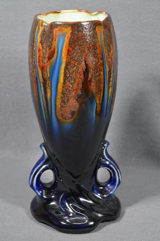1920s Belgian Art Deco Thulin Model 1943 Blue Drip Glaze Ceramic Vase (photo 8 of 11)