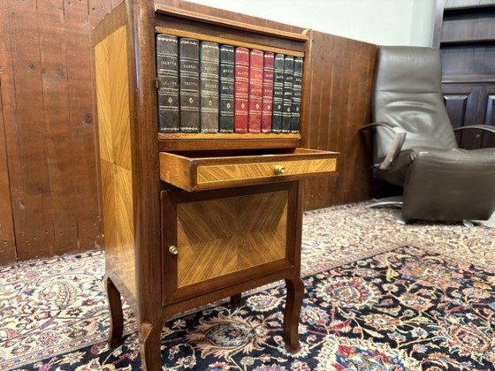 Set of Classic English Nightstands with Books and Marquetry, Leather, Wood, Brown (photo 12 of 14)