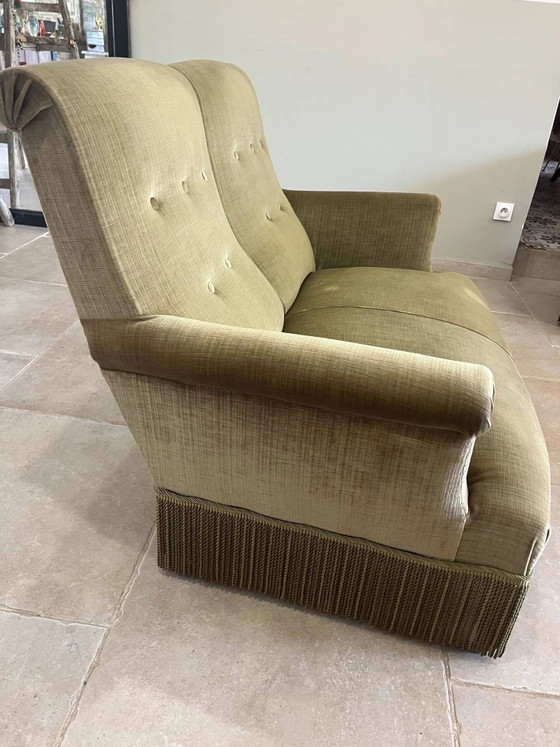 vintage double toad sofa in olive green fabric and trimmings – 2 seaters, Velvet, Art Deco (photo 9 of 15)