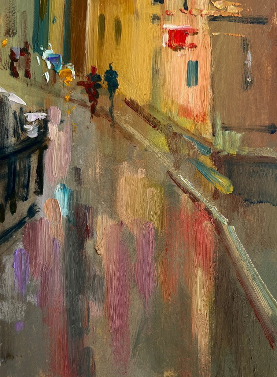 Image 1 of Original Oil Painting Gloomy City Landscape The heart of the city above the river