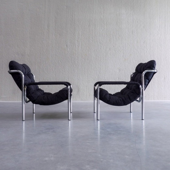 Coppia di Poltrone Tubolari Mid-Century Modern, Tessile, Nero (foto 8 di 12)