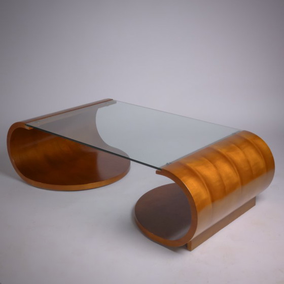 Image 1 of c. 1980 - Table basse sculpturale en noyer flammé et verre trempé - France