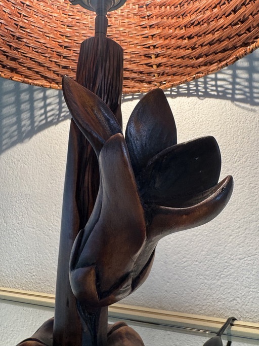 Lampe florale bois sculpté années 60