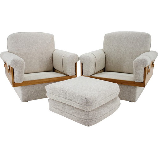 Paire de fauteuils vintage en bois et tissu Boucle, Tchécoslovaquie 1970