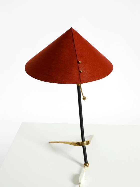 Image 1 of Beautiful, large, original Kalmar Mid-Century Modern tripod brass table lamp with a new fabric shade