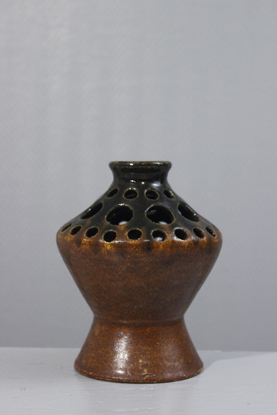 Image 1 of Cerámica Accolay - Jarrón de flores esmaltado marrón, Francia, circa 1950