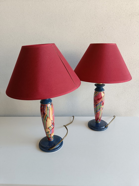 Een paar Oliver Corro postmoderne keramische tafellampen met originele lampenkappen – jaren 80 – Ceramic (photo 5 of 11)