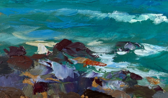 Image 1 of Original Oil Painting Summer Coastal Landscape Sailboats at sea and rocky shore