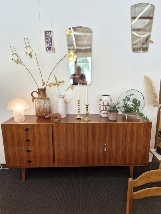 Vintage teak veneer sideboard with wooden legs 70s