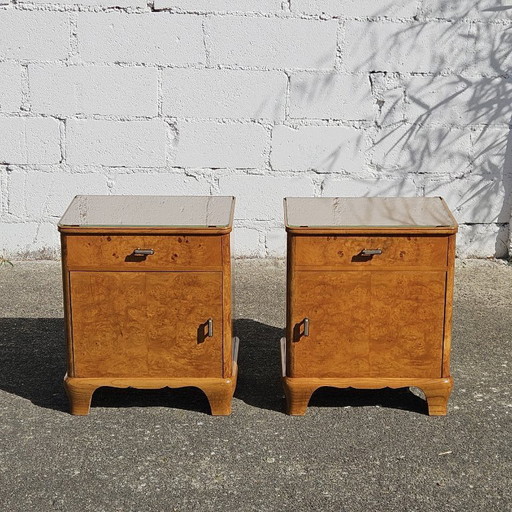 2 tables de chevet Art déco françaises anciennes - Ensemble de 2 tables de chevet en loupe de bois et verre - Années 30