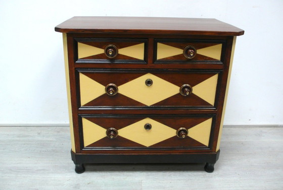 Image 1 of Antique chest of drawers with 4 drawers, Wilhelminian style dark walnut with shabby yellow, around 1890