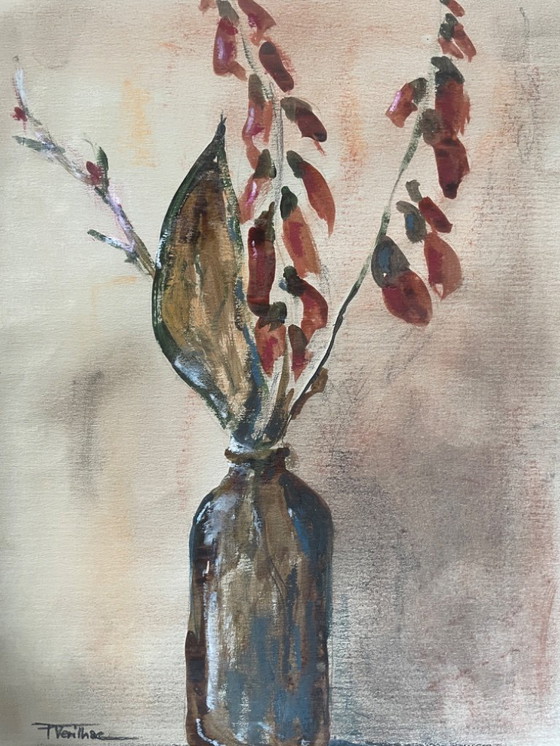 Image 1 of Watercolor and pastel still life painting "Vase of Dried Flowers"