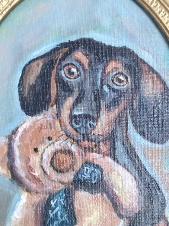 Painting: The Puppy with its Plush Toy. Cold Ceramic Frame – Paintings & Drawings, Canvas (photo 4 of 5)