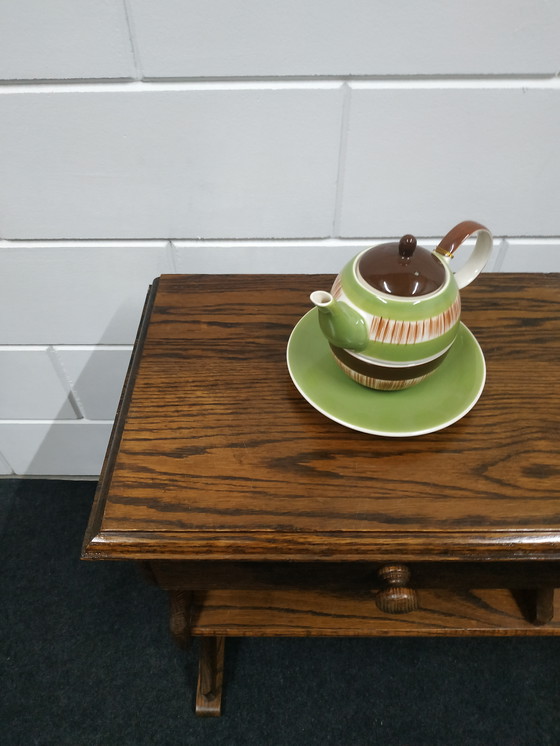 Image 1 of Ancien banc téléphonique en bois Table à plantes avec tiroir