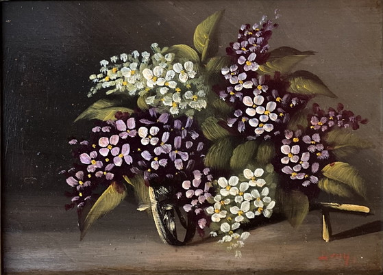 Image 1 of French Floral Oil Painting on Solid Wood Panel with Original Carved Frame, c. 1950