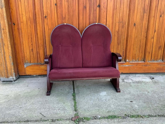 Vintage Art Deco Loveseat with Burgundy Upholstery, 1970 – Wood (photo 3 of 5)