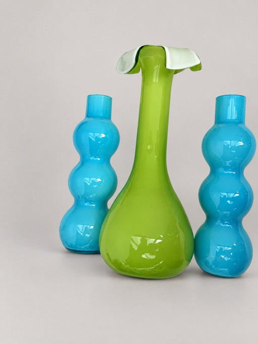 Vintage Empoli Italy Opaline Vases Set 60s/70s – Turquoise & Lime – vazen, Glass