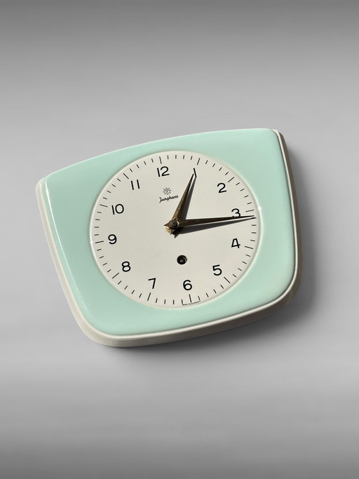 Vintage Junghans Keramische Keukenklok Jaren 50 60 Mintgroen -  8-Daags Uurwerk Mid-Century Modern Design Wandklok 
