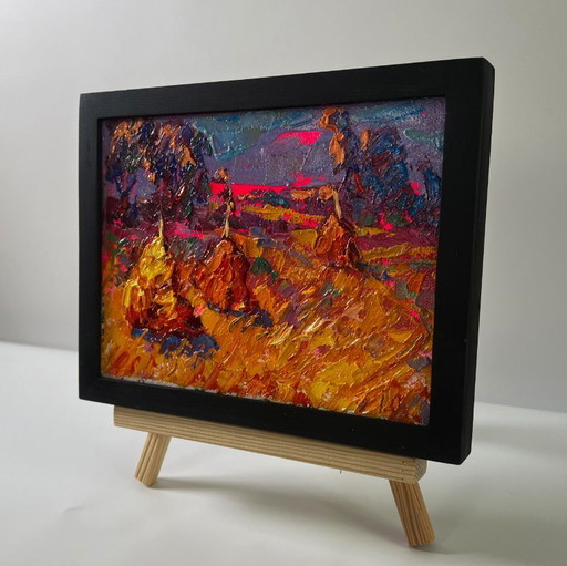Original Oil Painting Autumn Nature Landscape Sunset Over The Field
