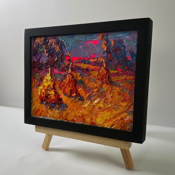 Image 1 of Original Oil Painting Autumn Nature Landscape Sunset Over The Field