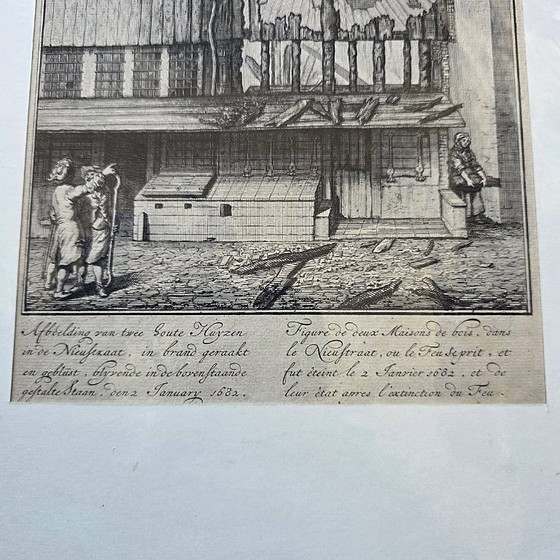 Image 1 of Jan van der Heyden etching Oude Nieuwstraat Amsterdam, 17th century