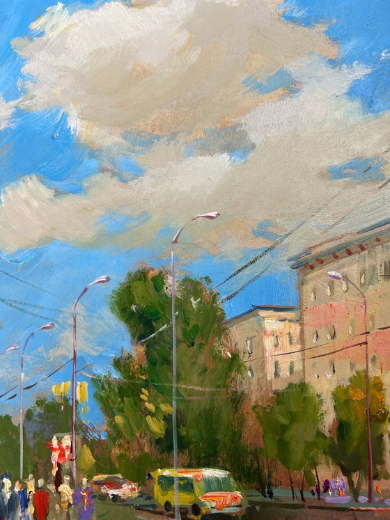 Image 1 of Pintura al óleo original Paisaje urbano de verano Ritmo veraniego de la ciudad