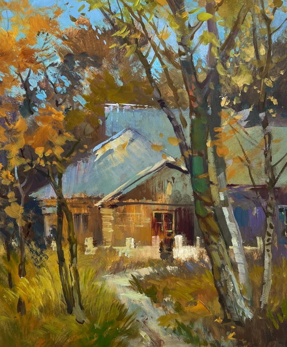 Image 1 of Original Oil Painting Autumn Village Landscape The rustle of autumn outside the window